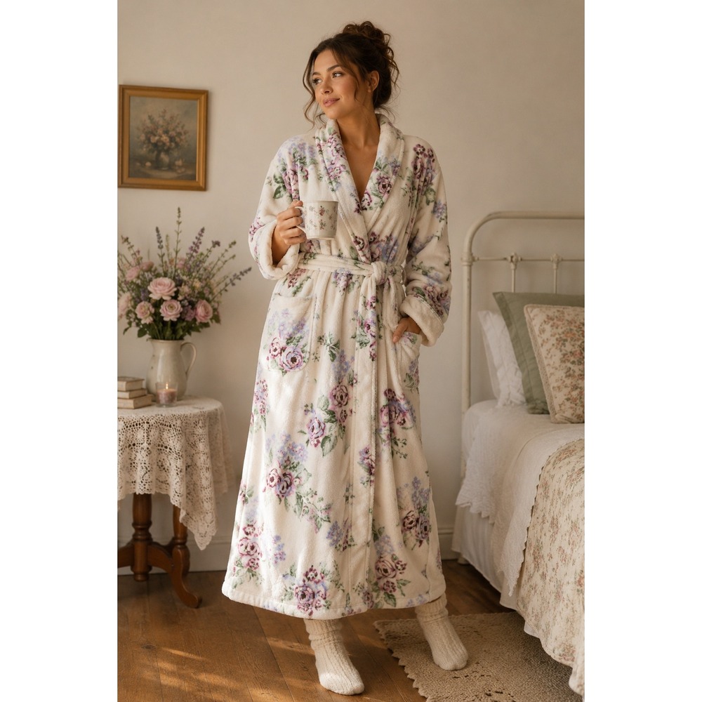 Oscar de la Renta Floral Plush Robe L XL Cottagecore Grannycore Cozy Pockets